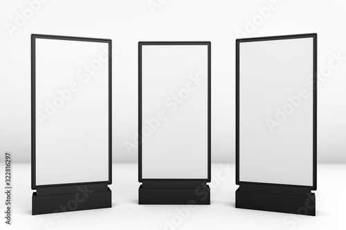 3d rendering of trade and retail concepts. Empty advertising billboard.Totem light box. Commercial outside baner for ad. Front, left and right side views of empty street banner.