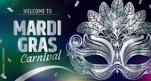 Beautiful venetian mask. Mardi Gras Carnival Party invitation card template. Spring holidays. Vector illustration EPS10.