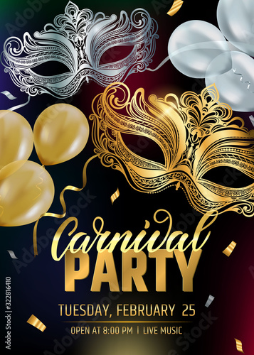 Beautiful venetian mask. Mardi Gras Carnival Party invitation card template. Spring holidays. Vector illustration EPS10.