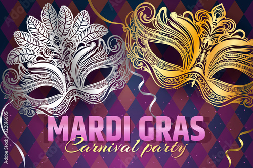 Beautiful venetian mask. Mardi Gras Carnival Party invitation card template. Spring holidays. Vector illustration EPS10.