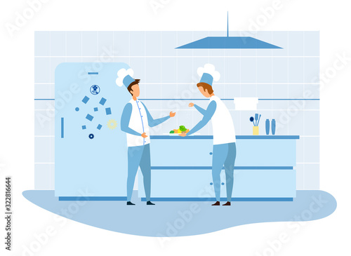 Two Cartoon Male Chefs in Uniform Cooking. Man Masters Characters Discussing Recipe in Restaurant Kitchen with Refrigerator and Table for Cutting Vegetables. Flat Vector Interior Illustration