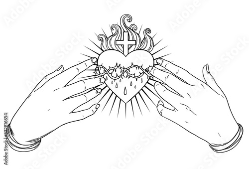 Open praying hands around sacred heart of Jesus. Hope faith and help, assistance and support symbol. Vector color illustration in vintage style isolated on black. Spirituality, religion, Catholicism.