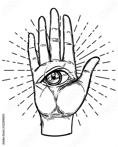 Vintage Hands with all seeing eye. Hand drawn sketchy illustration with mystic and occult hand drawn symbols. Palmistry concept. Vector illustration. Spirituality, astrology and esoteric concept.