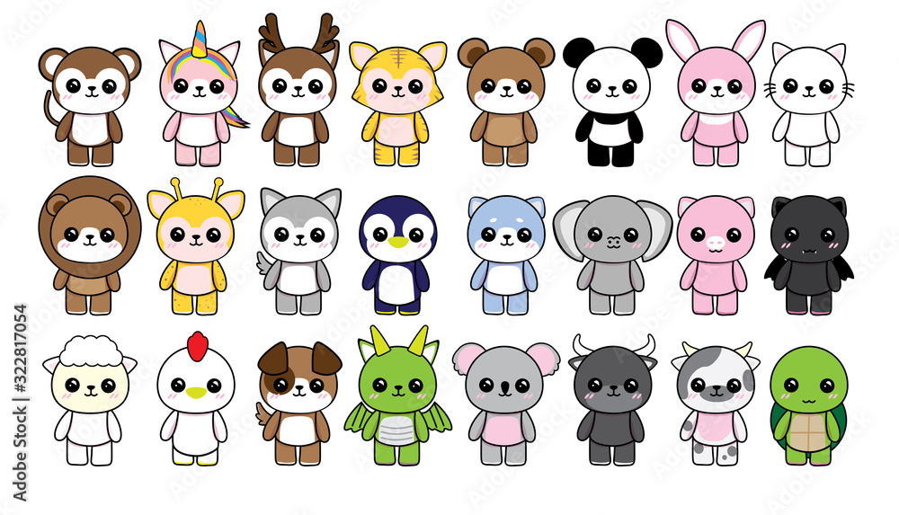 collection character animals cute kawaii on white background