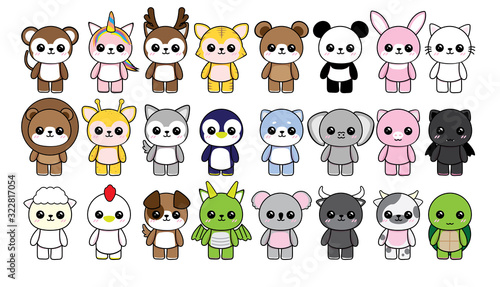 collection character animals cute kawaii on white background Stock