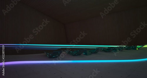 Abstract architectural concrete, wood and glass interior of a minimalist house with colored neon lighting. 3D illustration and rendering.