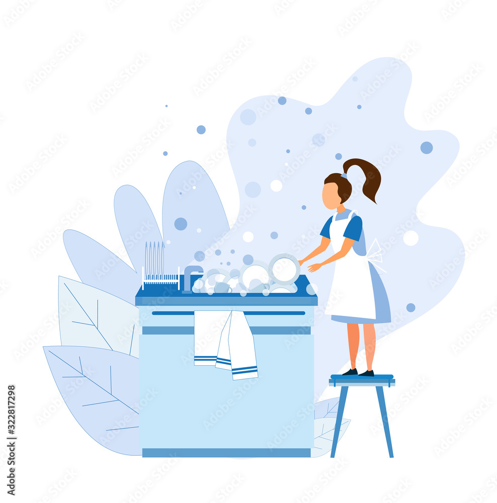 Little Girl Washing Dishes Stands on Stool. Daughter Helps Parents. Side View Illustration. Cartoon Child Character Doing Daily Duties. Housework Chores at Home. Lots Of Bubbles and Foliage Design Little Girl Washing Dishes Stands on Stool. Daughter Helps Parents. Side View Illustration. Cartoon Child Character Doing Daily Duties. Housework Chores at Home. Lots Of Bubbles and Foliage Design