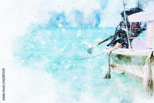 Abstract colorful fishing boat on water sea in Thailand on watercolor illustration painting background.