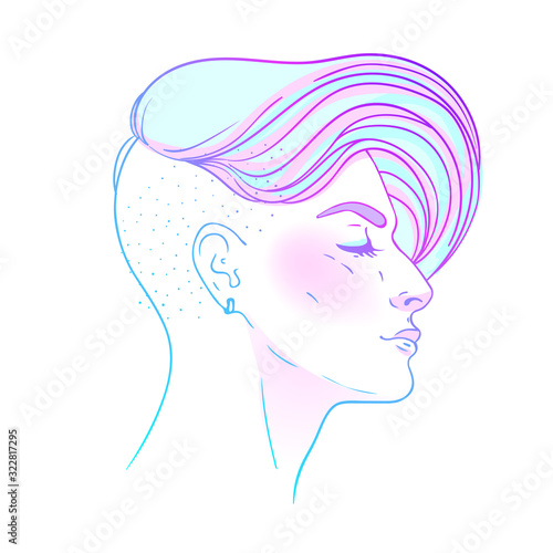 Portrait of a young pretty woman with side shaved hair. Vector illustration isolated. Hand drawn art of a boyish looking girl. Modern street subculture haircut for woman. Side view.