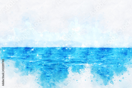 Abstract colorful wave sea ocean water in Krabi, Thailand on watercolor illustration painting background.