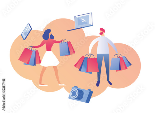 Young Couple, Holding Paper Bags in Hands, Doing Active Shopping, Buying Gadgets and Electronics Like Smart Phones, Laptops, and Cameras at Discounts, Taking Chance to Purchase Desired Item
