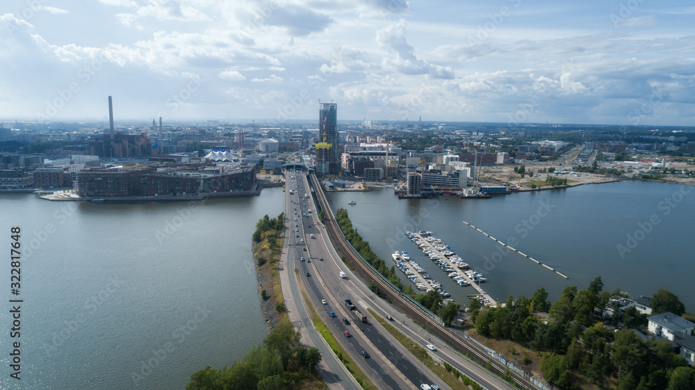 Aerial view of a highway intersection in Finland. Itavayla highway captured from above. Sompasaari at spring.