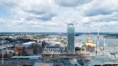 Construction and new buildings at Sompassari. Captured with drone on sunny day. Helsinki at spring day, Finland.