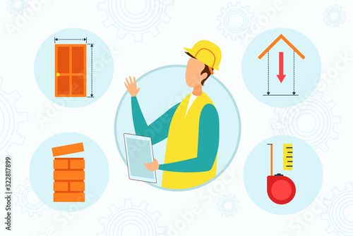 Man Engineer Character Wearing Uniform and Protection Helmet Holding Clipboard for Notes Signing Surrounded with Building Icons as Door, Roof, Chimney Measuring Tape Cartoon Flat Vector Illustration