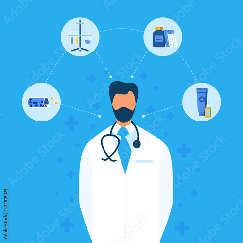 Male Scientist, Bearded Faceless Doctor in Uniform with Stethoscope. New Medication Creation Flat Flowchart. Capsules, Tablets, Healing Cream and Nasal Drops. Innovative Formula. Vector Illustration