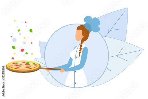 Female Chef Holding Frying Pan with Hot Pizza and Levitating Vegetables, Greenery and other Ingredients. Woman in Uniform Standing in Circle Surrounded Plants Foliage. Flat Logo. Vector Illustration