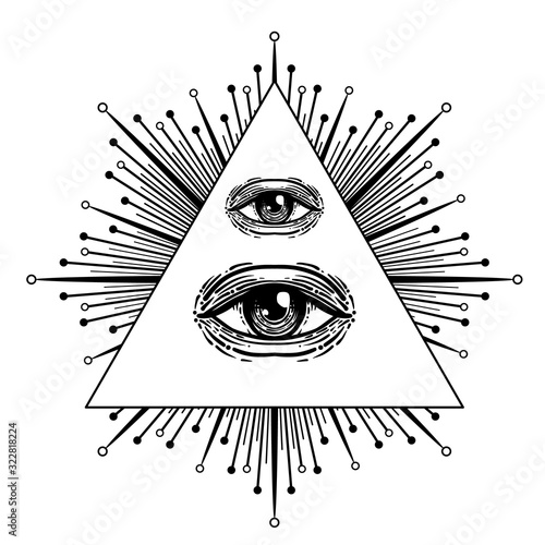 Blackwork tattoo flash. Eye of Providence. Masonic symbol. All seeing eye inside triangle pyramid. New World Order. Sacred geometry, religion, spirituality, occultism. Isolated vector illustration