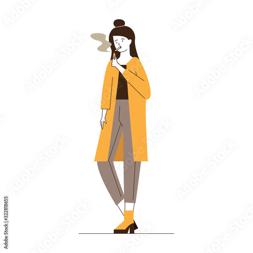 Female smoker lighting cigarette. Smoking young woman flat vector illustration. Addiction, problem, unhealthy lifestyle concept for banner, website design or landing web page