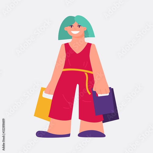 Flat style vector illustration of a young woman holding shopping bags. Isolated cartoon character © ekaterinarb