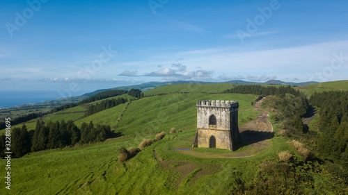 Drone aerial view of "Castelo Branco" historic monument in Sao Miguel island, Azores, Portugal.