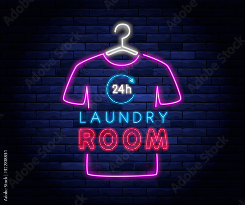 Dry cleaning service neon banner. Laundry room neon symbol on background of brick wall vector illustration. 24 hour laundromat service night neon signboard.