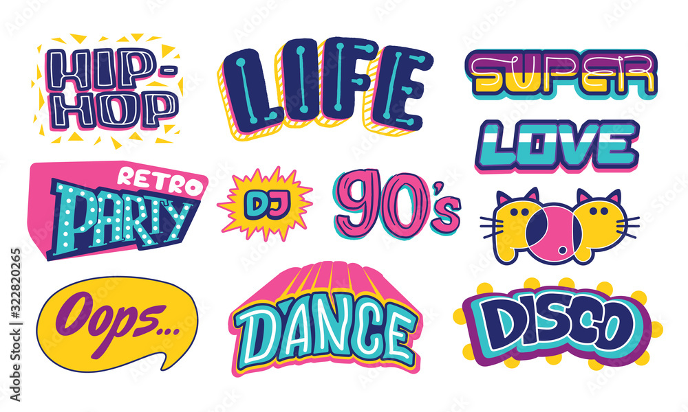Set of lettering 90s life. Dance cartoon theme. Vector hand drawn illustration isolated on white background. Letters for use on t-shirts, party posters, cards, disco signs, retro prints, web. 