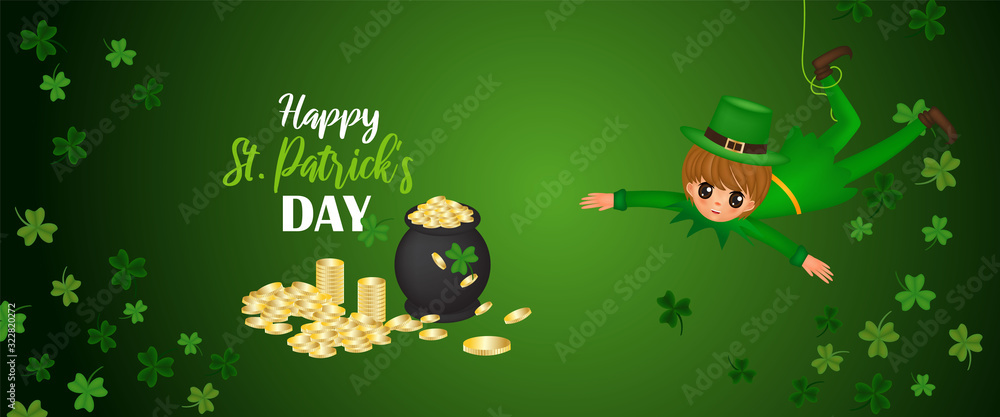 The flying boy and The Rat playing with cauldron have coins ,clovers and hat to event. Happy St. Patrick's Day of vector illustration. The flying boy and The Rat playing with cauldron have coins ,clovers and hat to event. Happy St. Patrick's Day of vector illustration.