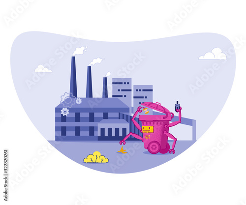 Recycling Factory Flat Vector Illustration. Sorting Rubbish to Protect Environment and Save Ecology. Robotic Waste Bin Gathering Organic and Electronic Rubbish with Automatic Hands or Grippers.