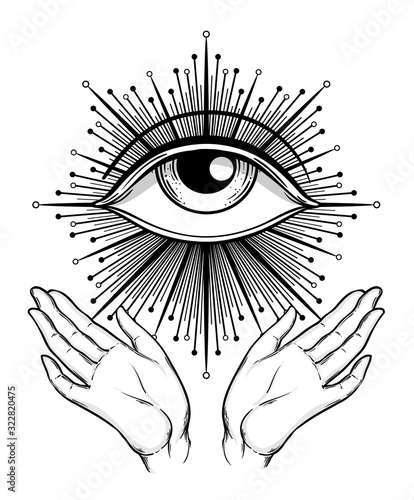 Blackwork tattoo flash. Eye of Providence. Masonic symbol. All seeing eye inside triangle pyramid. New World Order. Isolated vector illustration
