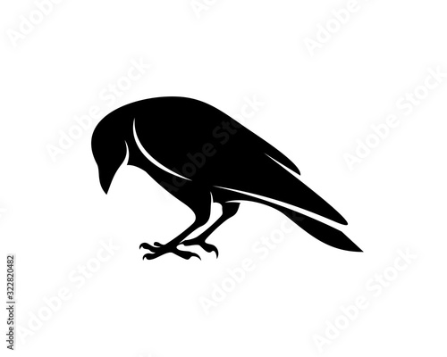 Raven bird logo vector template, Black silhouette of a crow on an isolated background