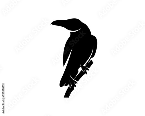 Raven bird logo vector template, Black silhouette of a crow on an isolated background