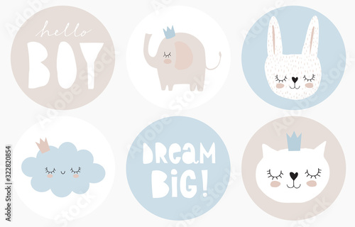 Baby Shower Round Shape Vector Tags.Baby Boy Party Cake Toppers.Sweet Bunny, Fluffy Cloud, White Cat and Funny Elephant Isolated on a White,Blue and Beige Background.Hello Boy and Dream Big Stickers. 