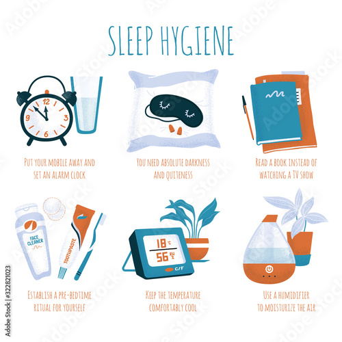Sleep hygiene tips - alarm clock, glass of water, sleeping mask and ear plugs, book, evening toiletry, air humidifier and digital thermometer, spot vector illustration isolated on white background