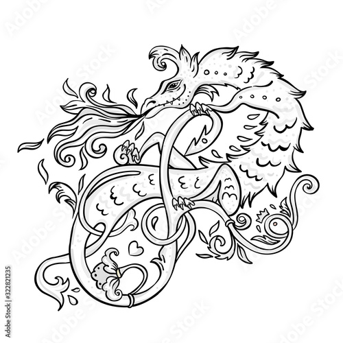 Mythological magic beast Basilisk, legendary bizarre creature. Decorative design in medieval style. Dragon, burning flame. Vector illustration. Coloring book for adults.