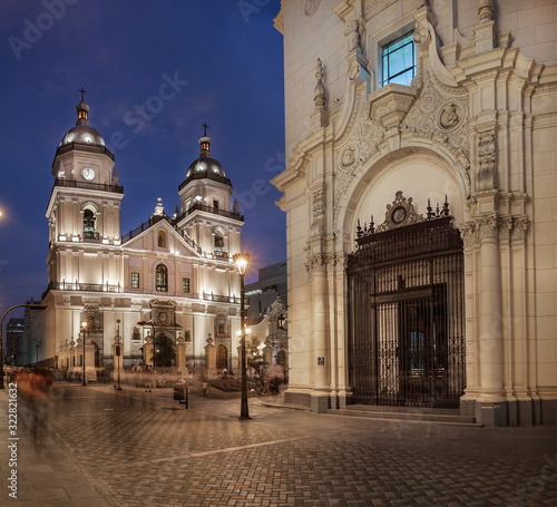 Night view of San Pedro church in Lima downtown, Peru.