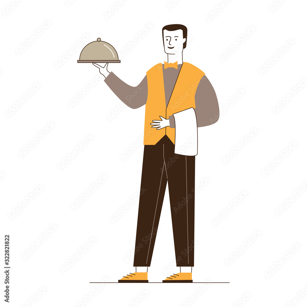 Waiter carrying dish. Man in bowtie with towel on hand flat vector illustration. Restaurant, dinner, catering concept for banner, website design or landing web page