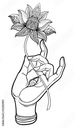 Lord Buddha hand with eye holding Lotus flower. Isolated vector illustration of Mudra. Hindu motifs. Tattoo, yoga, spirituality, textiles. Sketchy style, hand drawn. Vintage drawing.
