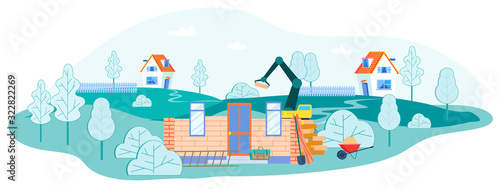 Working Process on Construction Site, Crane Put Brick on House Wall, Professional Equipment and Technique for Building and Engineering around. Cottage Settlement. Cartoon Flat Vector Illustration