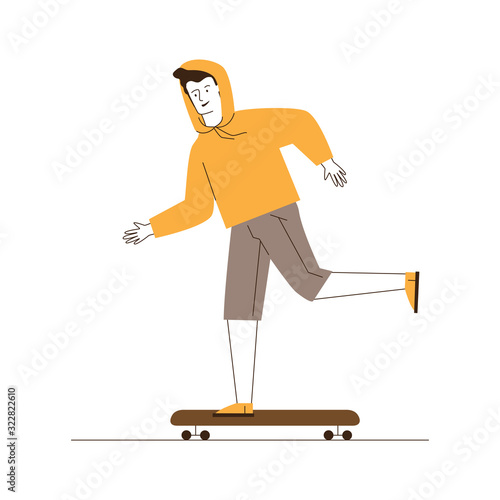 Guy in casual skateboarding. Male character riding longboard flat vector illustration. Skateboarder outdoor activity, lifestyle concept for banner, website design or landing web page