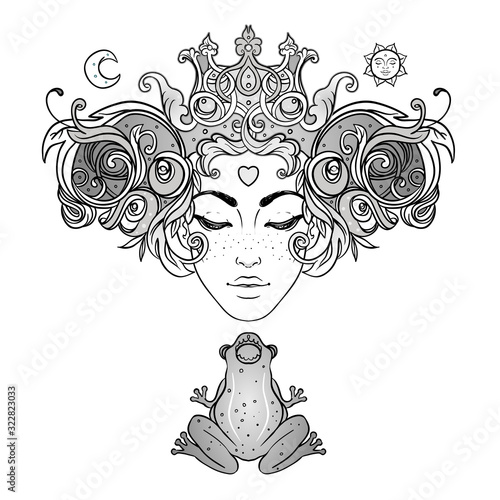 Beautiful princess kissing a frog prince. Vector illustration in art nouveau style. Fantasy, beauty, boho stickers, children coloring book.