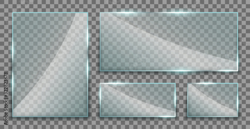 Realistic glass plates set. Gloss screens isolated on transparent background, acrylic texture with glares, light and shadow. Transparent glass window frames, vector illustration