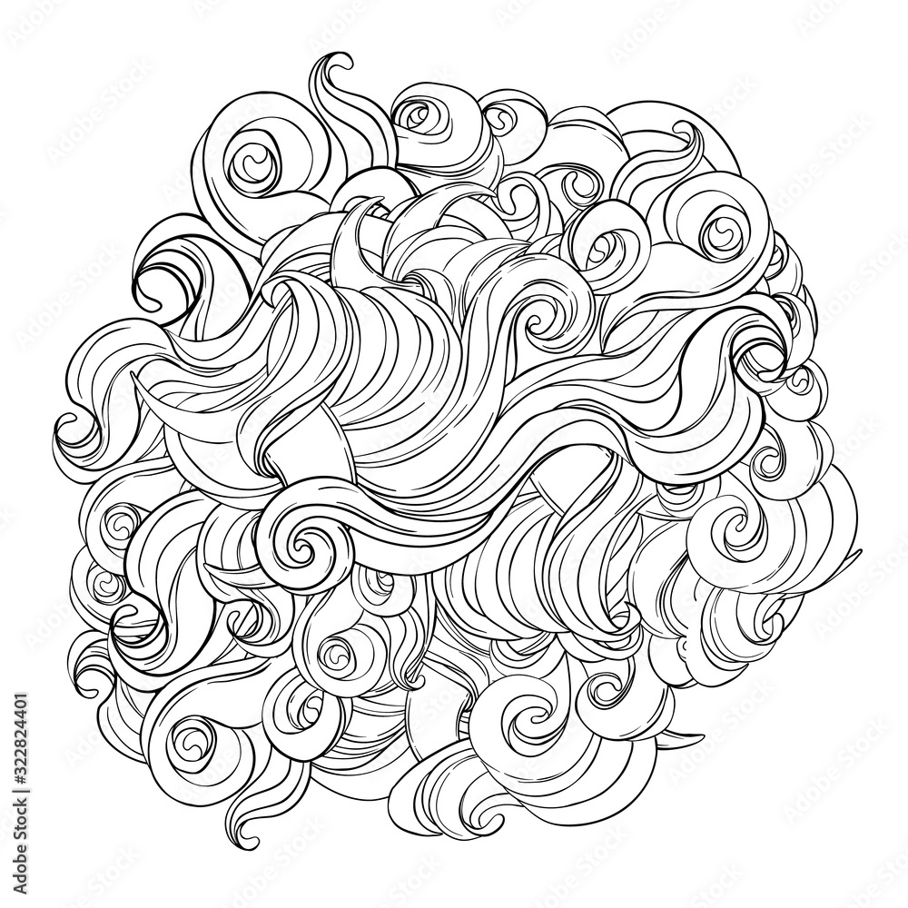 Fototapeta premium Natural texture. Decorative hand drawn doodle ornamental curly pattern isolated on white. Vector background. Stormy sea line art drawing. Splash ocean, clouds or hair.