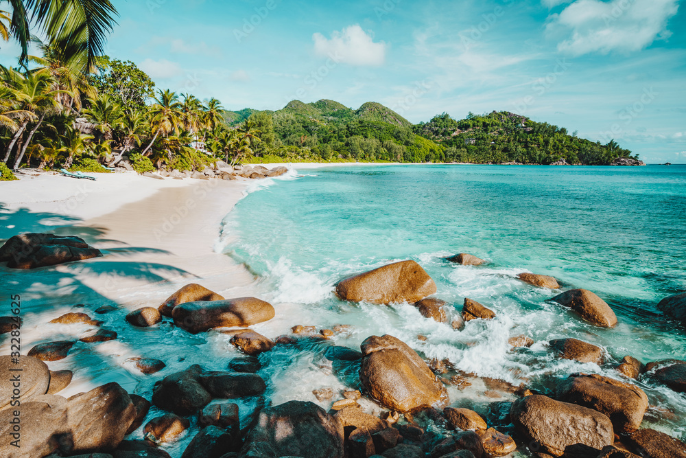 Mahe, Seychelles. Beautiful Anse intendance, tropical beach with ocean wave rolling towards sandy beach. Coconut palm trees on shore in background
