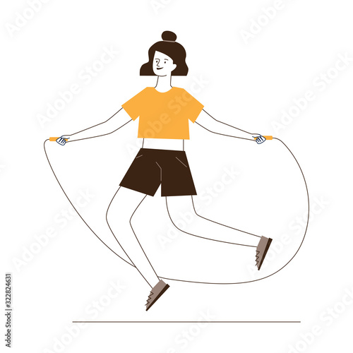 Young woman jumping rope. Female character warming up flat vector illustration. Body training workout, activity concept for banner, website design or landing web page