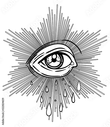 Blackwork tattoo flash. Eye of Providence. Masonic symbol. All seeing eye inside triangle pyramid. New World Order. Sacred geometry, religion, spirituality, occultism. Isolated vector illustration