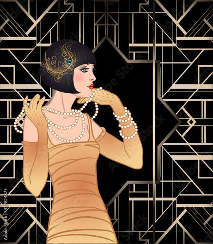 Art Deco vintage invitation template design with illustration of flapper girl. patterns and frames. Retro party background set (1920's style). Vector for glamour event, thematic wedding or jazz party.