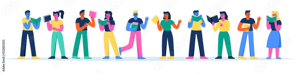 Horizontal banner with funny people standing together and reading books. Collection of young happy men and women studying. Set of students with textbooks. Modern flat cartoon vector illustration.