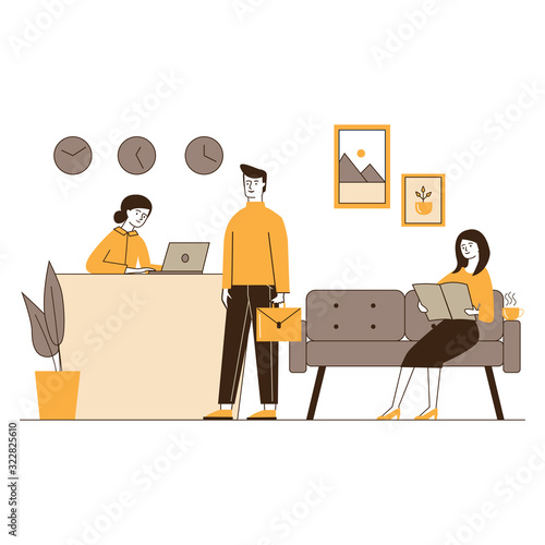 Office reception service providing for client by concierge flat vector illustration. Woman waiting for interview and reading magazine. Receptionist and customer concept for presentation or reports