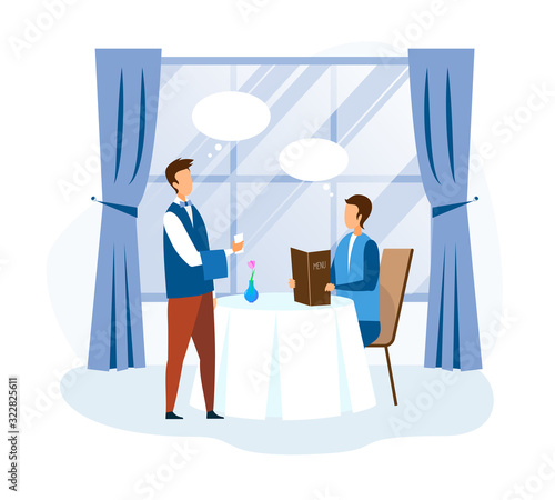 Man Looking at Menu Book, Making Food Order to Waiter at Restaurant. Hospitality Demonstration. Professional Guest Catering Service. Dialog between Visitor and Garcon. Vector Flat Cartoon Illustration