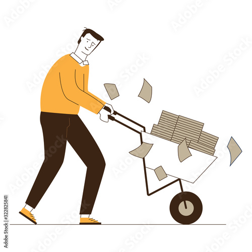 Sad employee wheeling cart with papers. Office worker with piles of reports flat vector illustration. Paperwork, overwork concept for banner, website design or landing web page